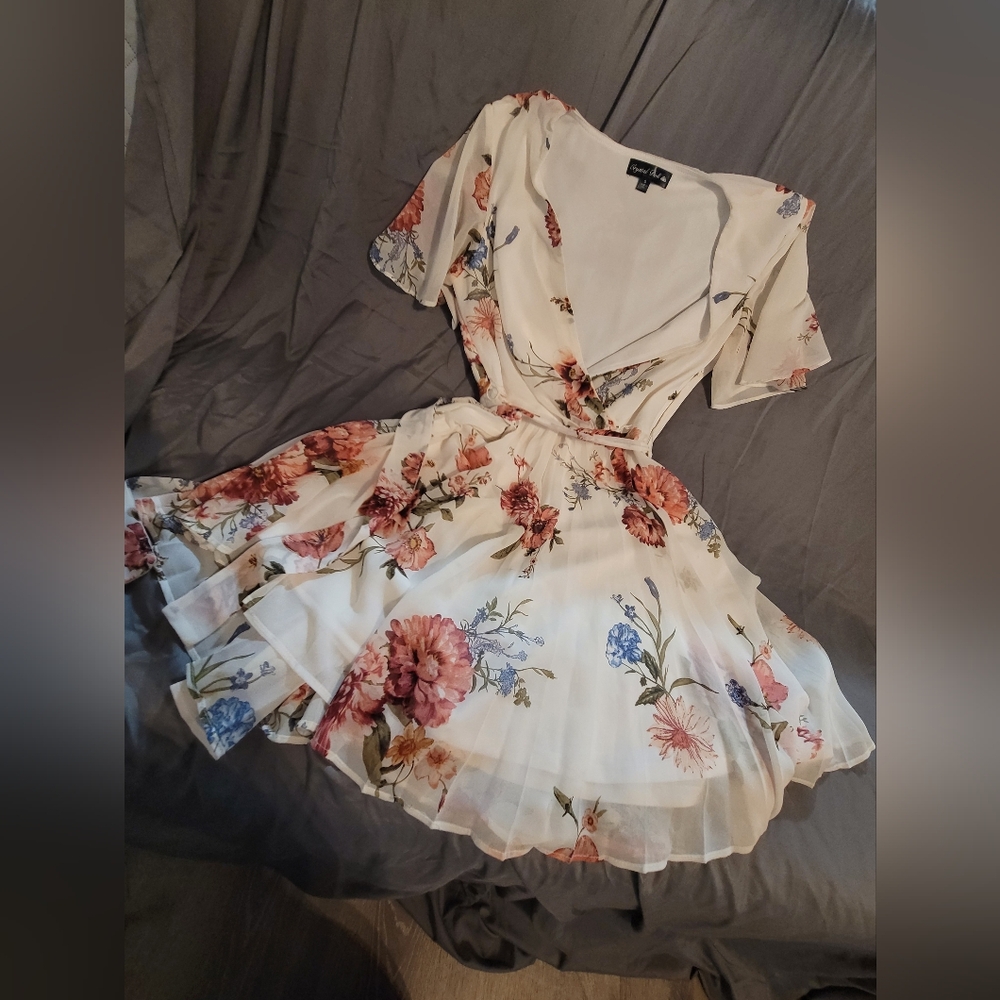 Crystal Doll Floral Mini Dress in Cream with Pink and Blue